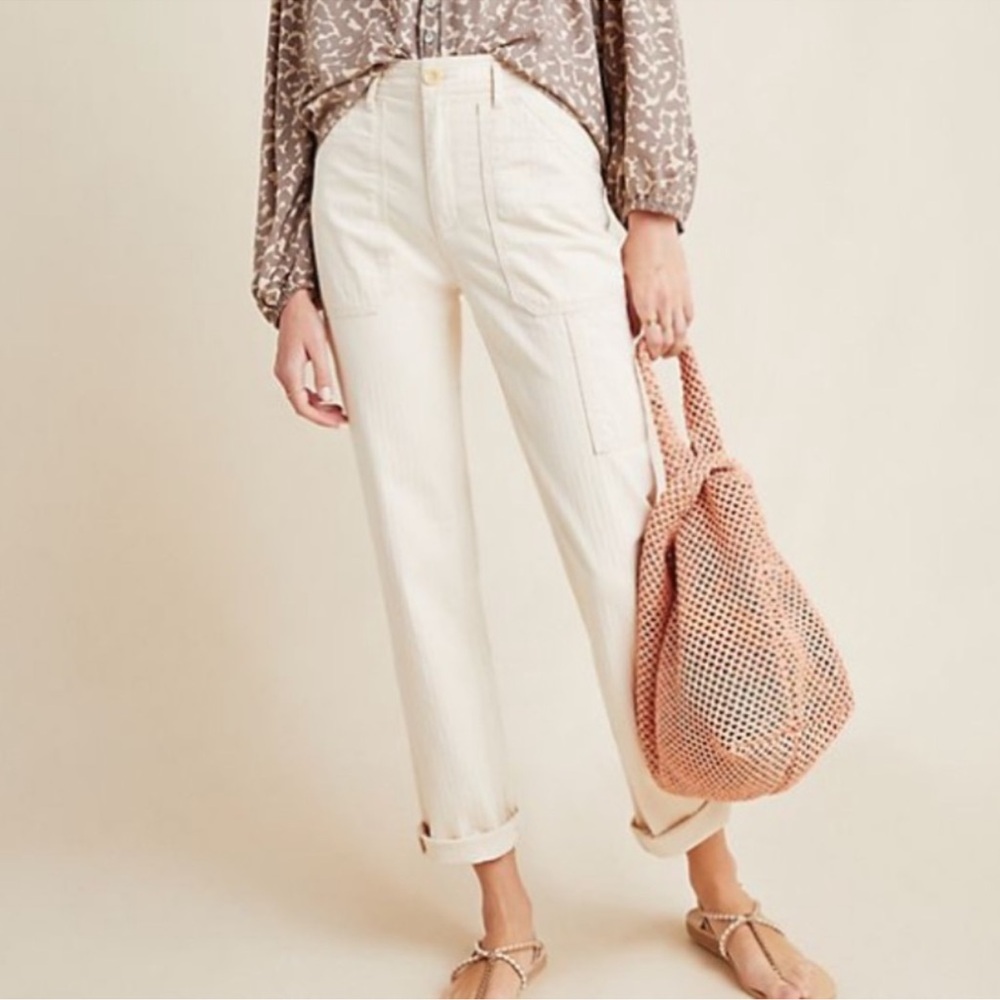Anthropologie Carpenter Herringbone Off White Pants High Rise